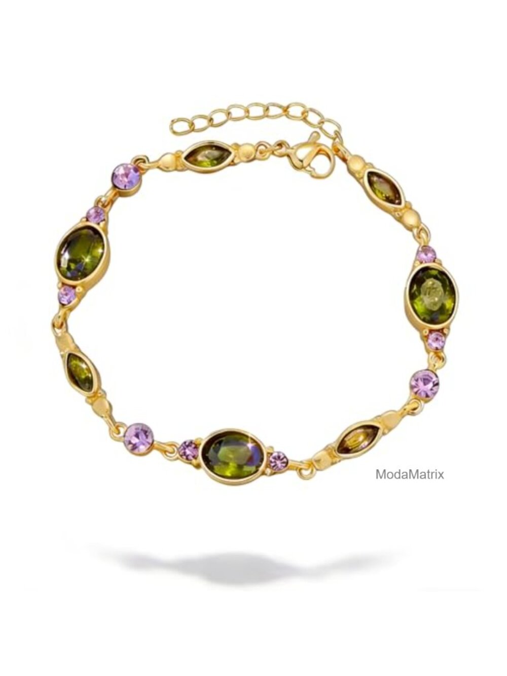 Gold-Plated Alloy Link Bracelet with Green Stones for Women